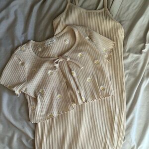 Girls Daisy Beige Ribbed Dress and Cardigan Set